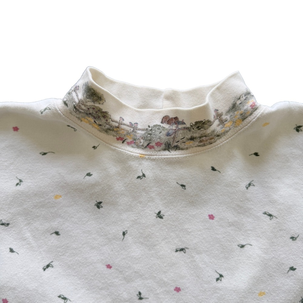 Vintage Cottagecore Ditsy Floral Mock Neck Top Cream Garden Graphic Long Sleeve - Picture 3 of 6